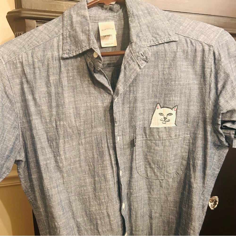 RIPNDIP Lord Nermal Pocket Cat Chambray Button Down - Men’s Medium